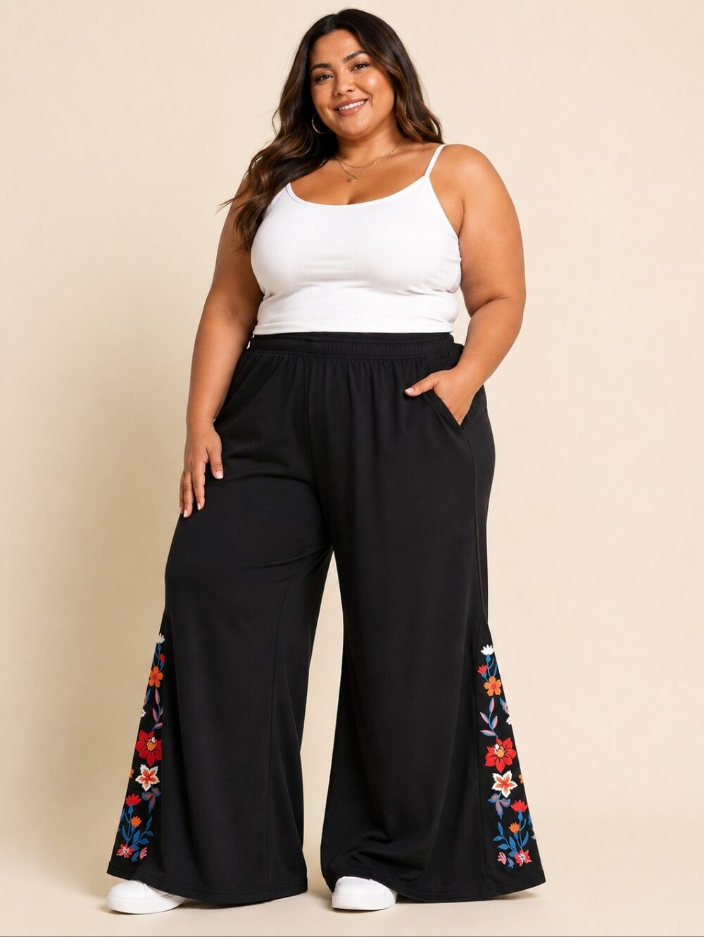 Wide-Leg Black Pants with Floral Side Embroidery